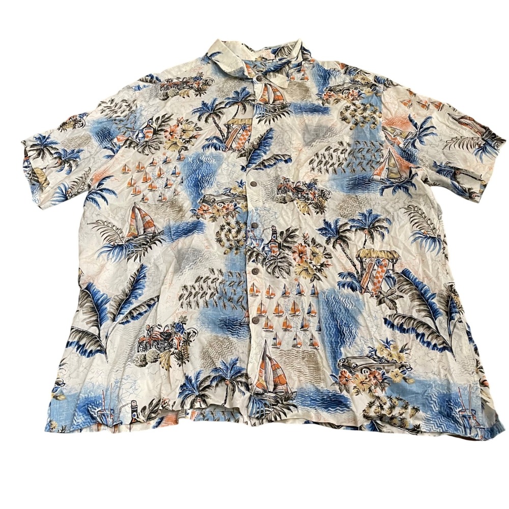 Batik Bay Mens XXL Hawaiian Shirt Blue White Tropical Sailboat Rayon Button Up